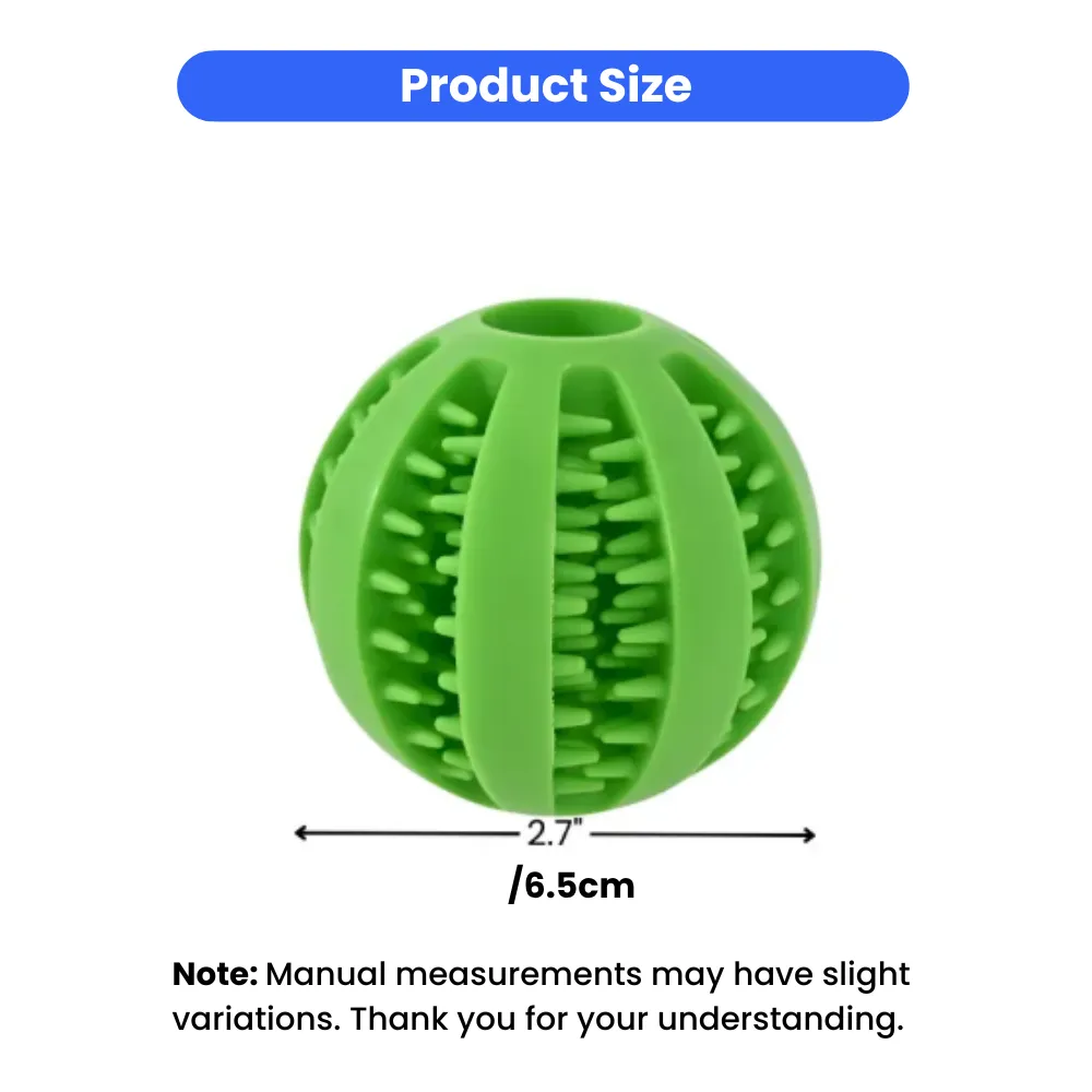 Product size diagram showing the dog dental ball diameter of 2.7 inches or 6.5 centimeters.