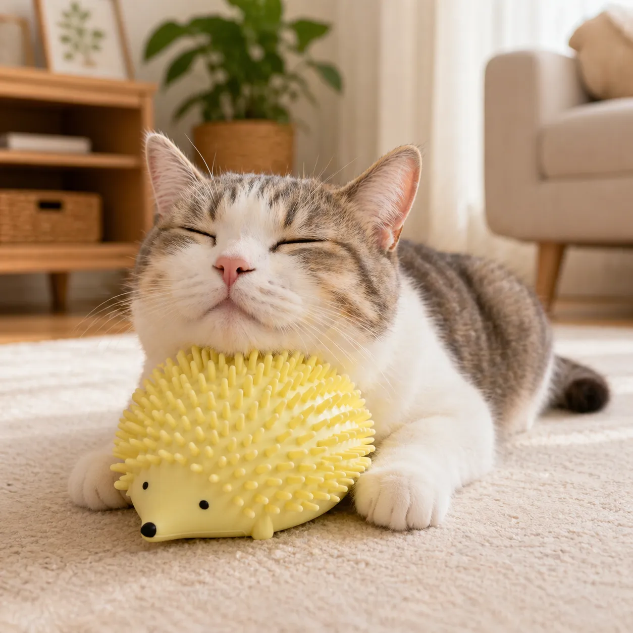 tabby cat playing with yellow hedgehog spiky toy indoor interactive cat chew toy