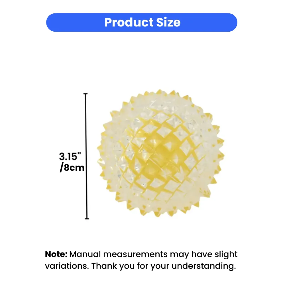 Product size diagram showing the yellow chew ball has a diameter of 3.15 inches or 8 centimeters.