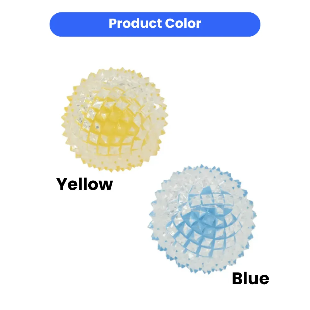 Two spiked dog chew balls displayed in bright yellow and sky blue color options.