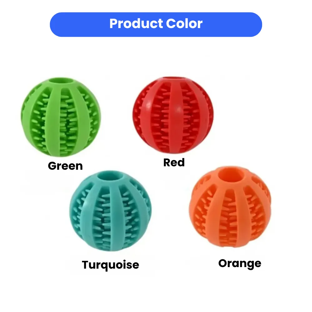 Four dog dental balls displayed in different colors: Green, Red, Turquoise, and Orange.