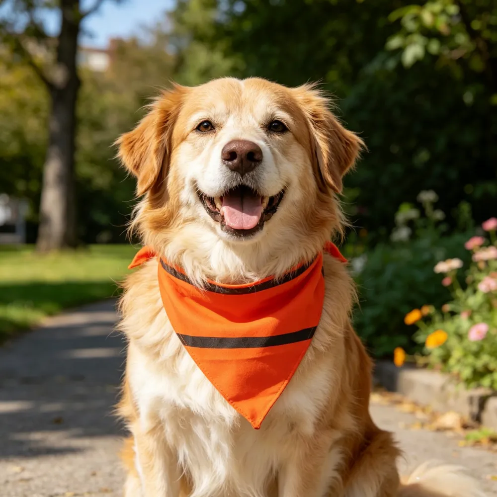 A happy golden dog sitting on a park path wearing a bright orange reflective safety bandana during the day.