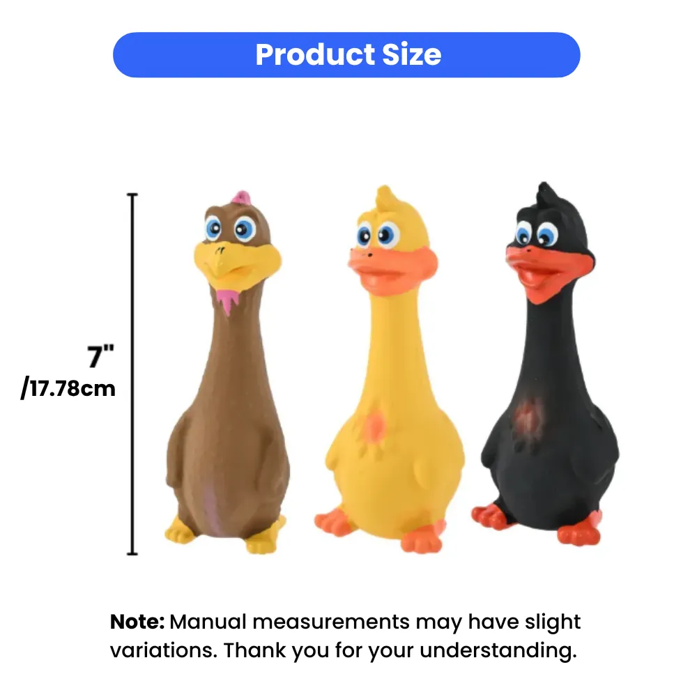 A product size infographic showing three duck toys in brown, yellow, and black with a height measurement of 7 inches or 17.78 cm.