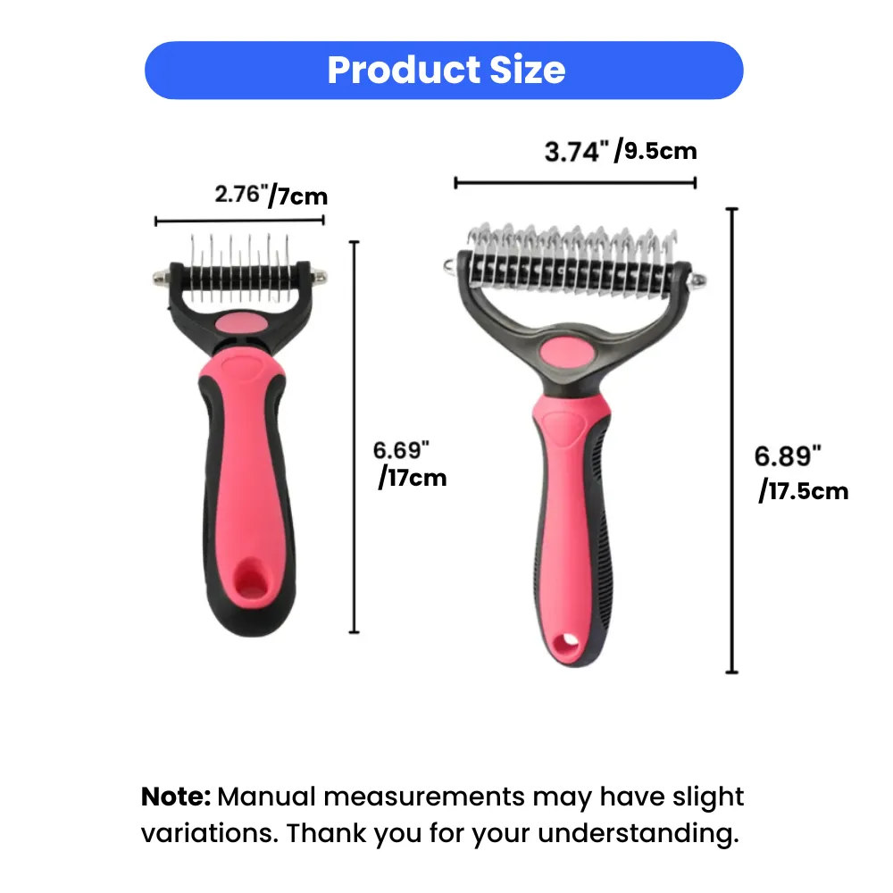 Size chart showing two versions of the pet grooming comb: 6.69 inches by 2.76 inches and 6.89 inches by 3.74 inches.