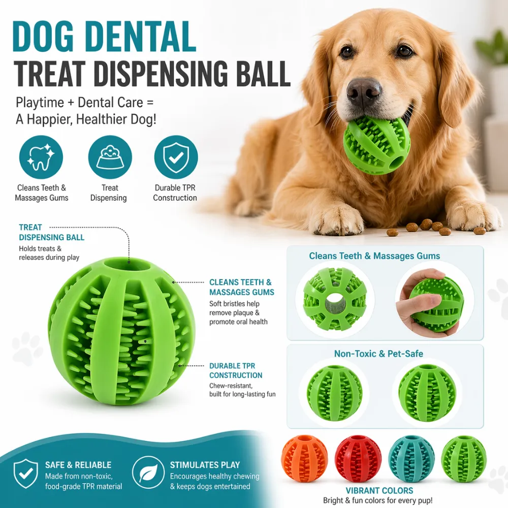 Infographic showing features of the dog dental ball, including durable TPR material, teeth cleaning bristles, and treat dispensing.