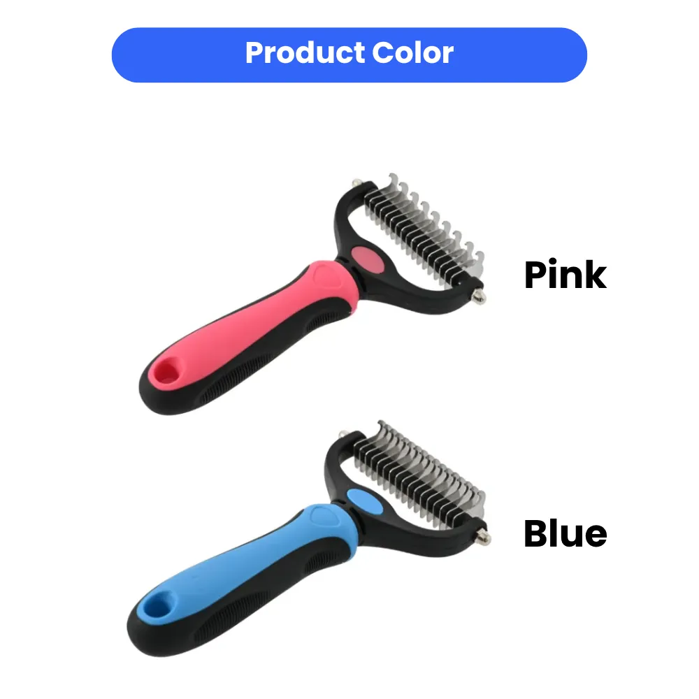 Two professional pet undercoat rakes displayed in pink and blue color options with ergonomic handles.