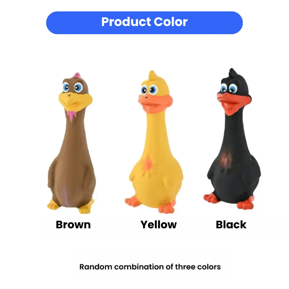 Three latex duck dog toys displayed in brown, yellow, and black colors with the text "Random combination of three colors."