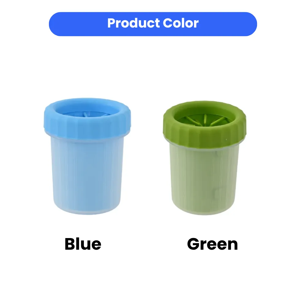 An image with the title "Product Color." It shows two standing paw cleaner cups side-by-side against a white background. The cup on the left is light blue with the label "Blue," and the cup on the right is green with the label "Green."