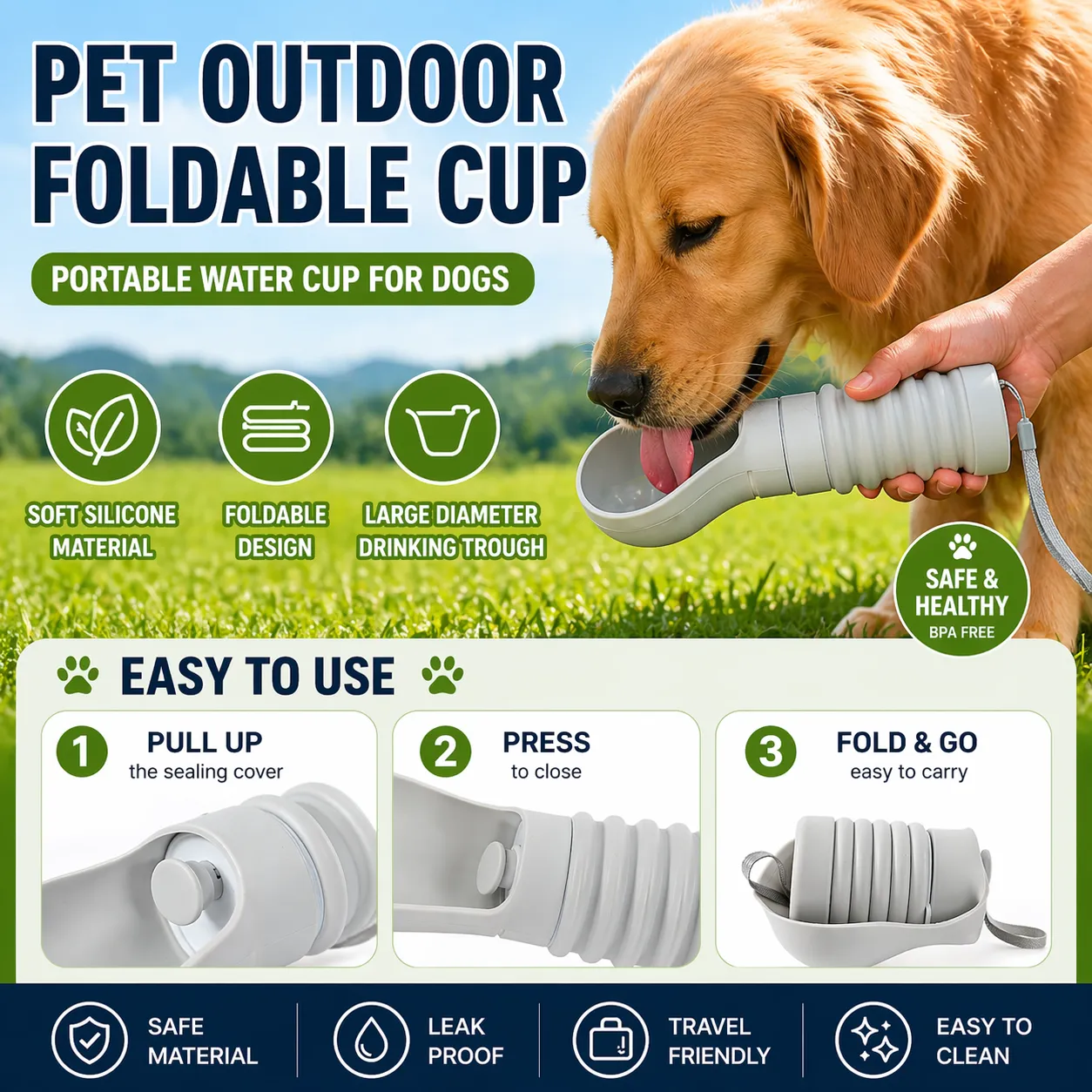 portable foldable dog water bottle silicone leak proof travel friendly pet outdoor drinking cup features