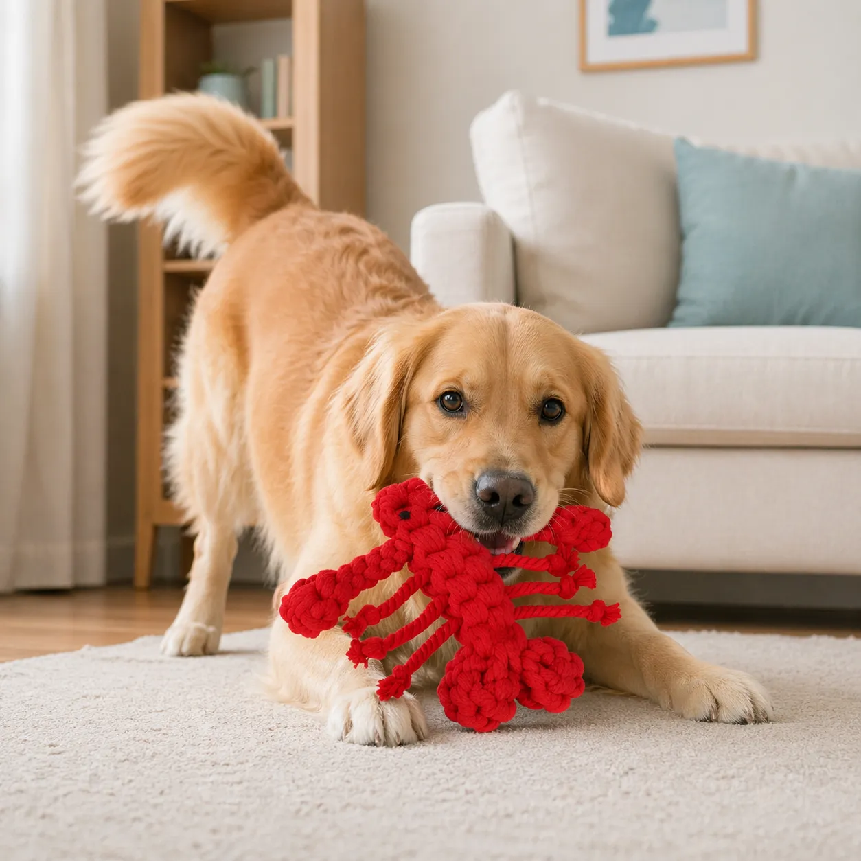 golden retriever playing with red rope lobster dog toy durable chew toy indoor pet play