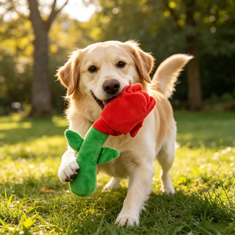A happy Golden Retriever running through green grass with a bright red plush rose chew toy in its mouth.