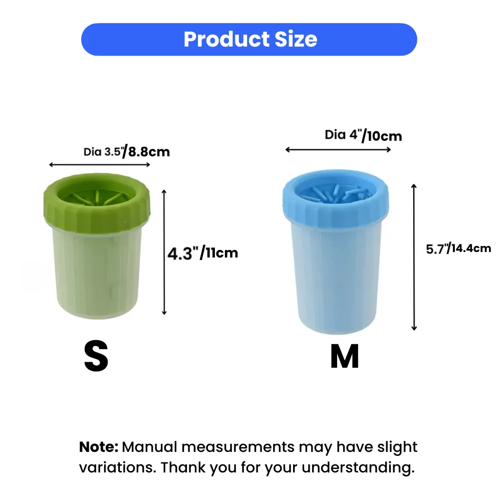 An informational chart with the text "Product Size" at the top. It displays two paw cleaner cups: a green one on the left labeled "S" (small) and a blue one on the right labeled "M" (medium). Dimension arrows indicate the diameter and height for each, wit