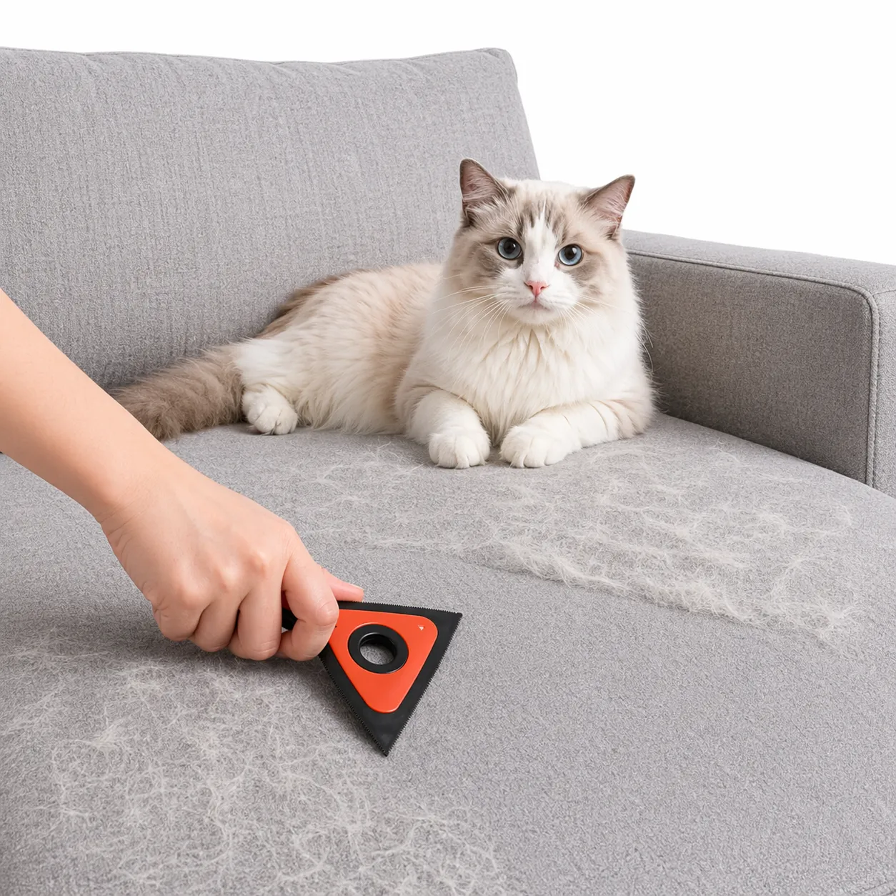 Pet Hair Remover Tool for Sofa | Reusable Lint Remover for Pet Fur | Petfairs cat sitting on sofa while using reusable pet hair remover tool to clean pet fur from couch fabric