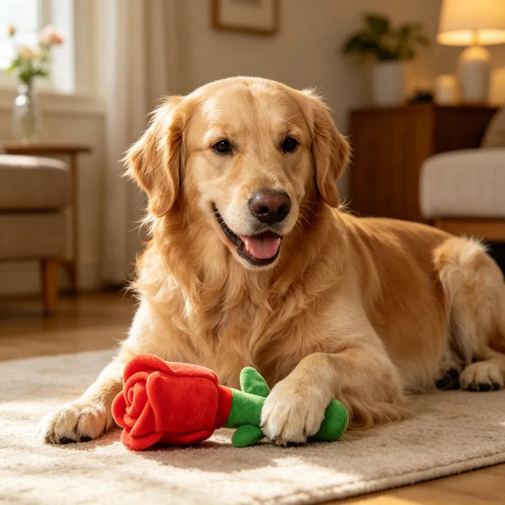 A Golden Retriever lying on a rug inside a cozy living room with a red plush rose toy between its paws.