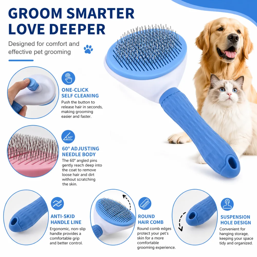 Infographic detailing features: one-click cleaning, 60-degree angled needles, anti-skid handle, and suspension hole.