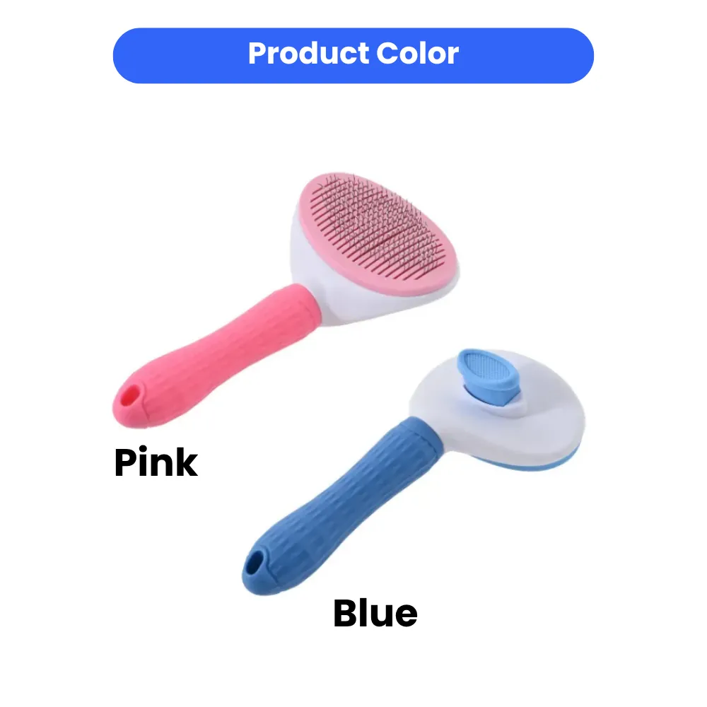 Two self-cleaning pet brushes displayed in pastel pink and sky blue colors.  Caption: Available in multiple colors with private labeling options to suit your brand’s aesthetic.