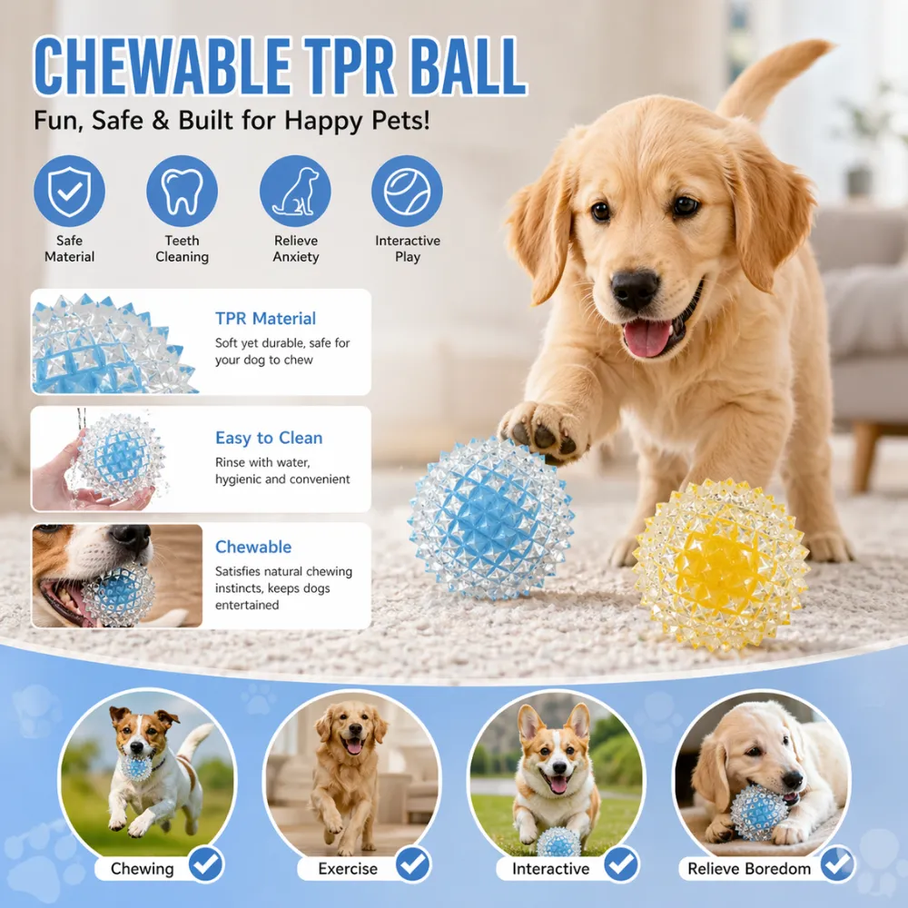 Infographic showing a Golden Retriever puppy with a blue TPR ball, highlighting features like teeth cleaning, anxiety relief, and safe materials.