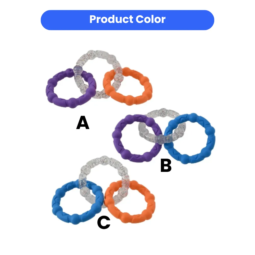 Three different color combinations (A, B, and C) of the 3-ring dog toy featuring purple, orange, blue, and clear glitter options.
