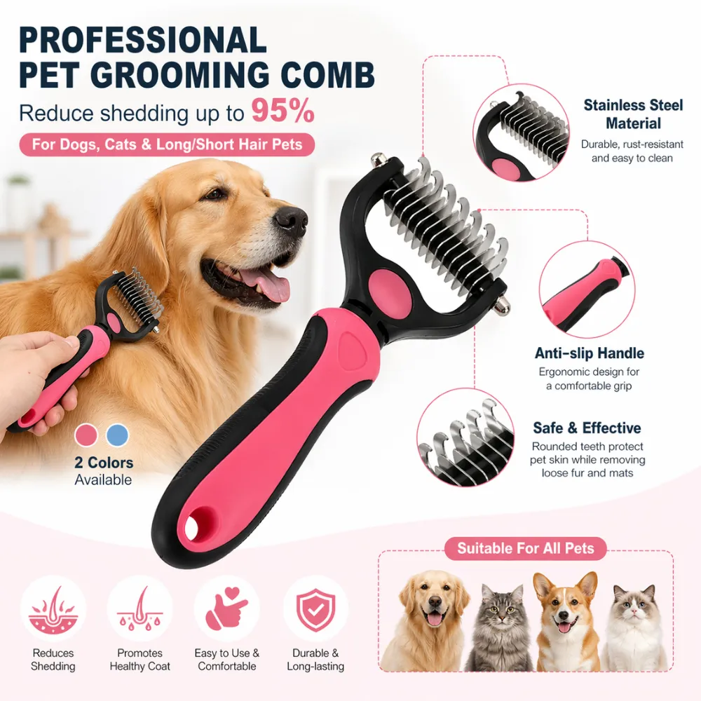 Infographic highlighting features: stainless steel material, anti-slip handle, safe rounded teeth, and 95% shedding reduction.