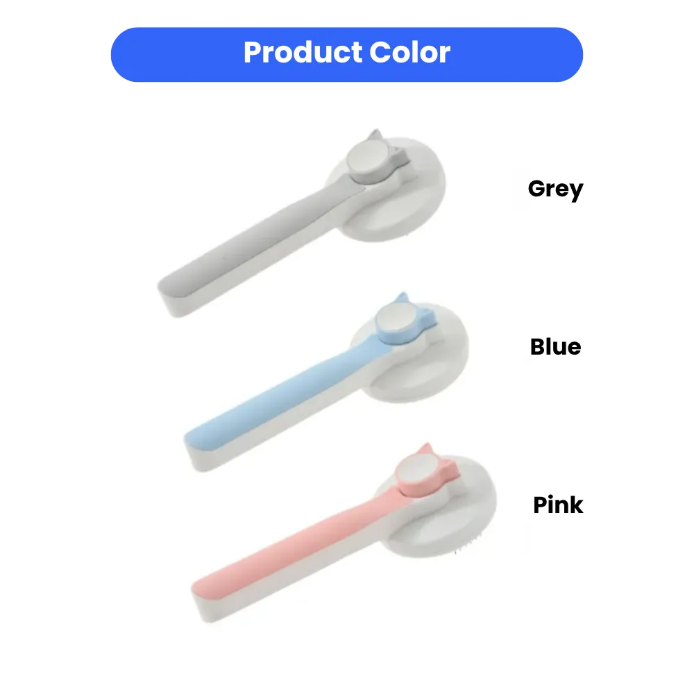 Three pet grooming brushes displayed in Grey, Blue, and Pink color options.  Caption: Available in three stylish colors to match your brand or personal preference.