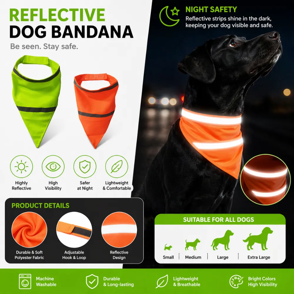 Infographic showing dog bandana features: machine washable, durable polyester, adjustable hook and loop, and breathable fabric.