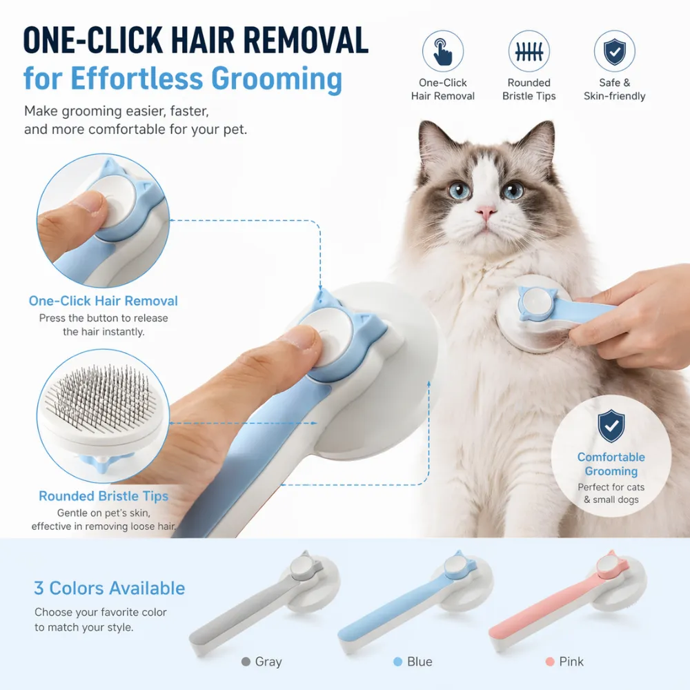 Infographic showing a cat brush with one-click hair removal, rounded bristle tips, and safe skin-friendly design.
