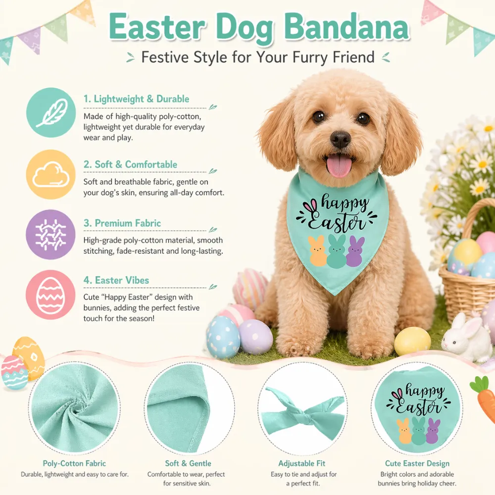 Feature details of Easter dog bandana showing lightweight poly cotton fabric soft touch adjustable fit and bunny design