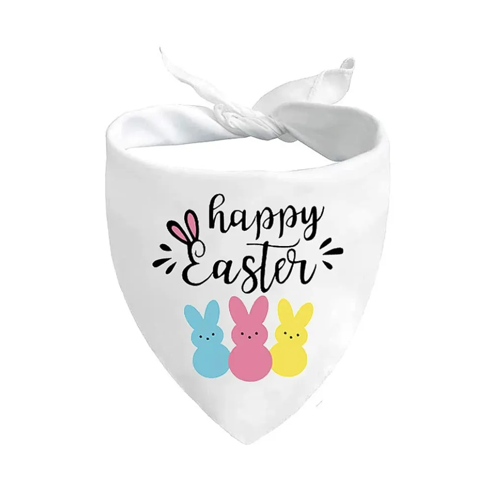 White Easter dog bandana with Happy Easter text and pastel bunny print for dogs and cats