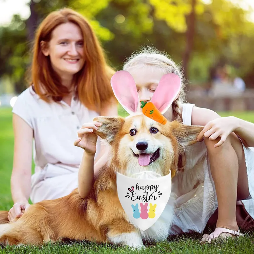 Cute dog wearing Happy Easter bandana and bunny ear headband in outdoor family spring holiday setting