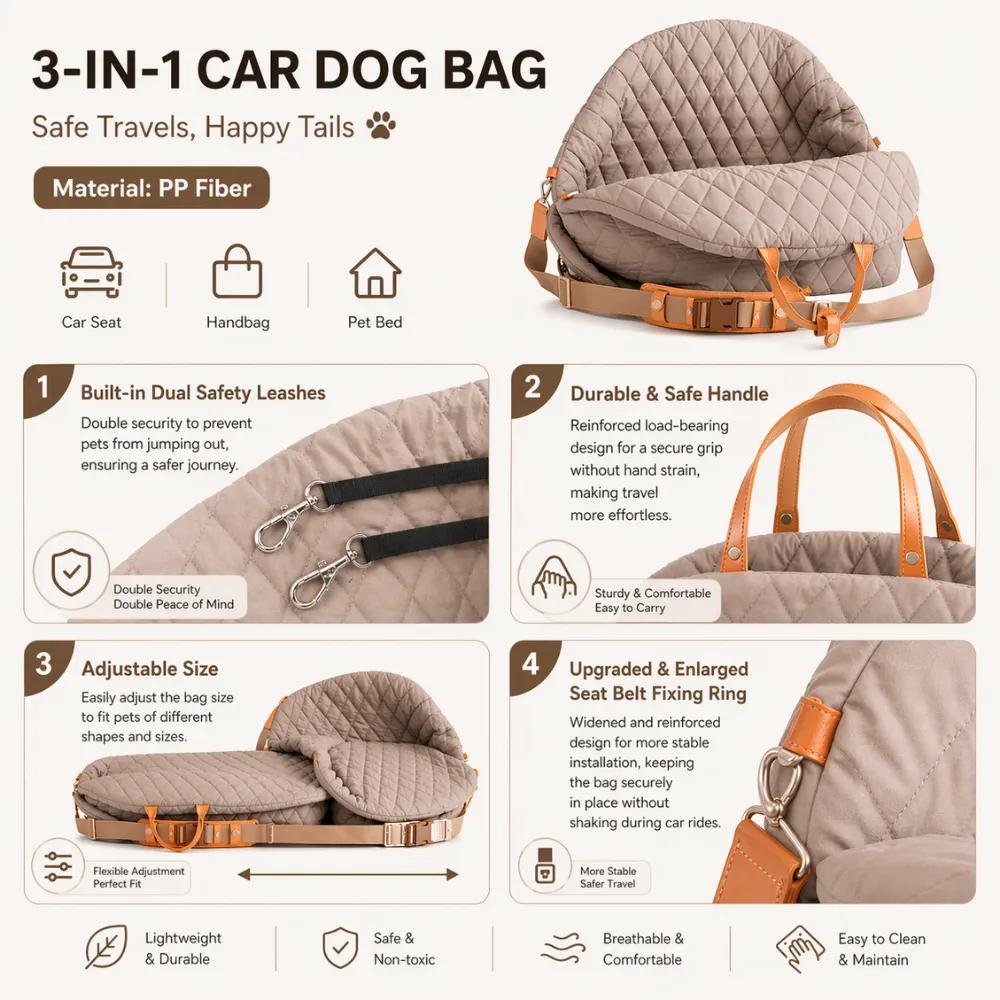 feature infographic of 3 in 1 dog car bag showing dual safety leashes reinforced handle adjustable size and seat belt fixing ring