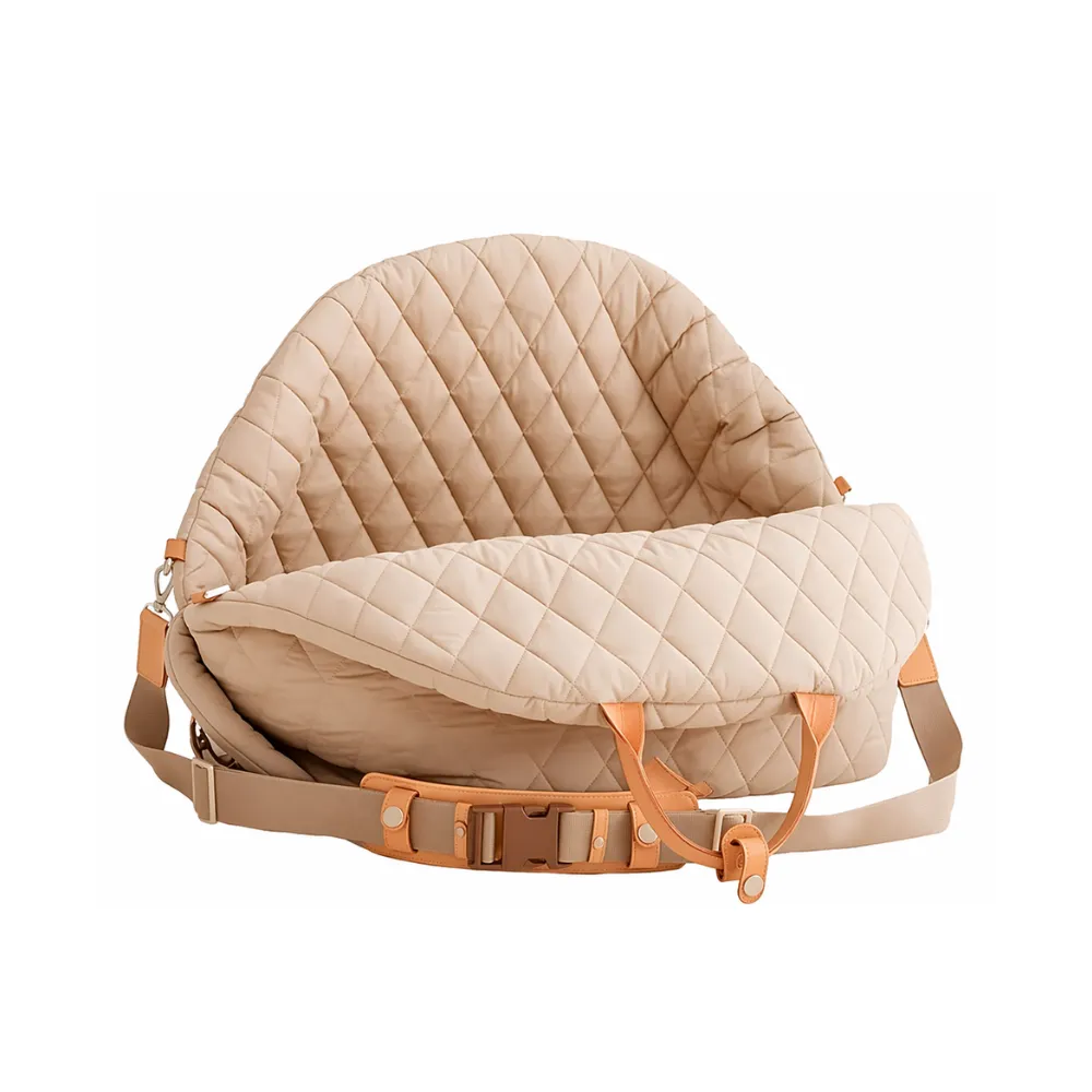 beige quilted dog car seat carrier with safety strap shoulder belt and reinforced handle for small pets