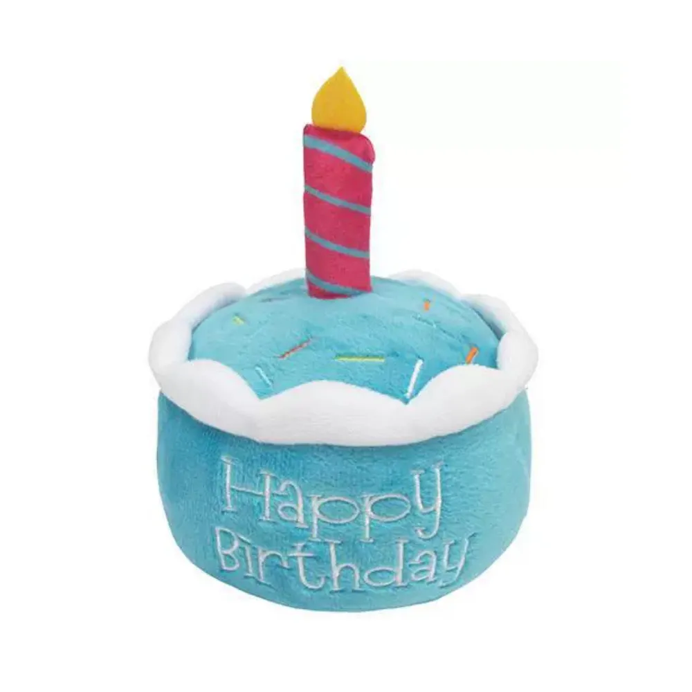 Blue happy birthday cake plush toy for dogs, festive soft squeaky birthday chew toy for puppies