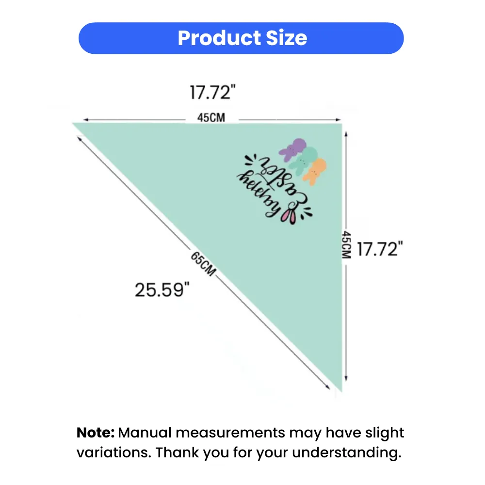 Size chart of Easter dog bandana showing adjustable triangle scarf dimensions for small medium and large pets