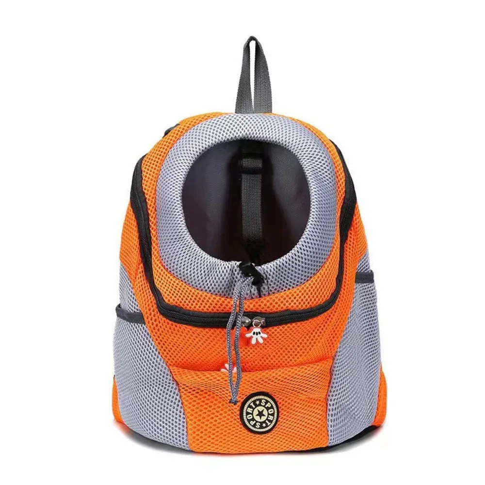 Front view of a bright orange mesh backpack designed for carrying small dogs and cats.
