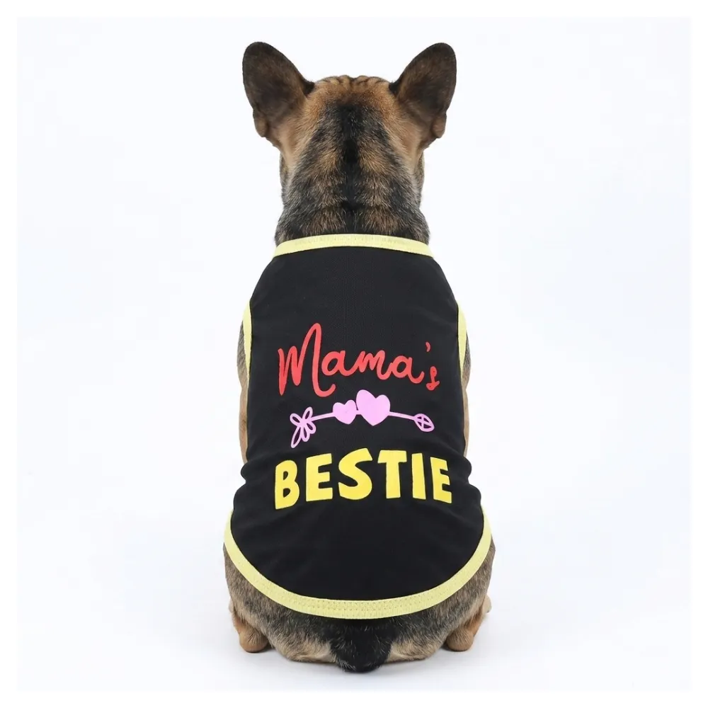 C:\Users\ty004600\Desktop\PF\产品18 French Bulldog wearing black Mama's Bestie dog t-shirt with yellow trim back view