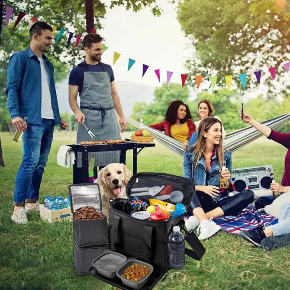 A group of people at a park picnic with a dog and the black pet travel bag open, showing food bowls and water bottles.