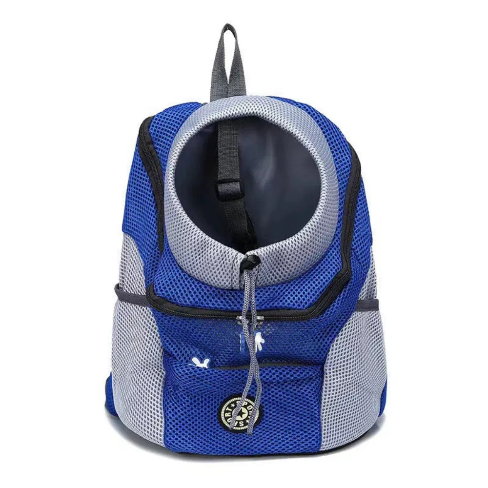 Front view of a royal blue mesh pet backpack with a grey adjustable neck opening.
