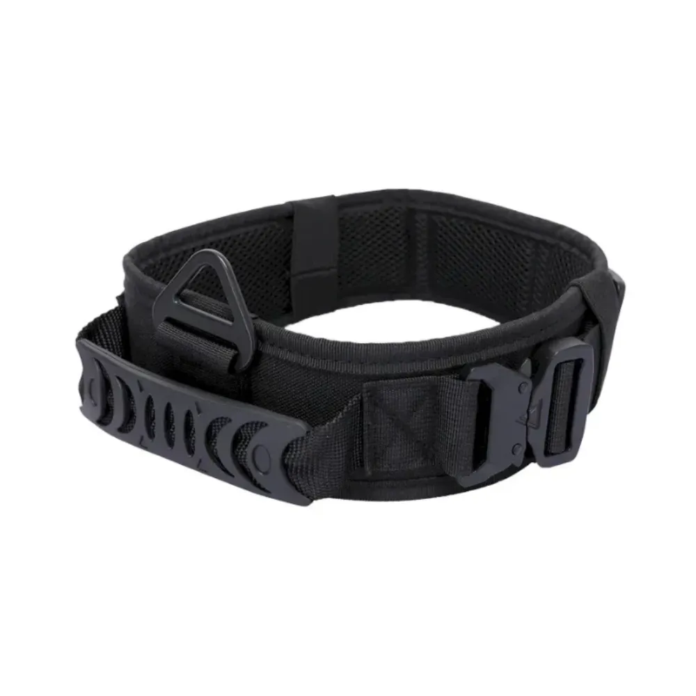 Close-up of a black tactical dog collar featuring a rugged control handle and heavy-duty hardware.