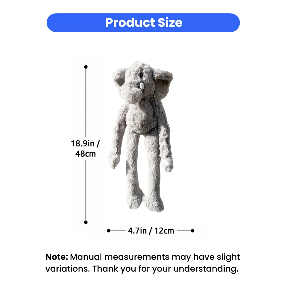 Infographic showing the dimensions of the plush dog toy: 18.9 inches (48cm) in length and 4.7 inches (12cm) in width.
