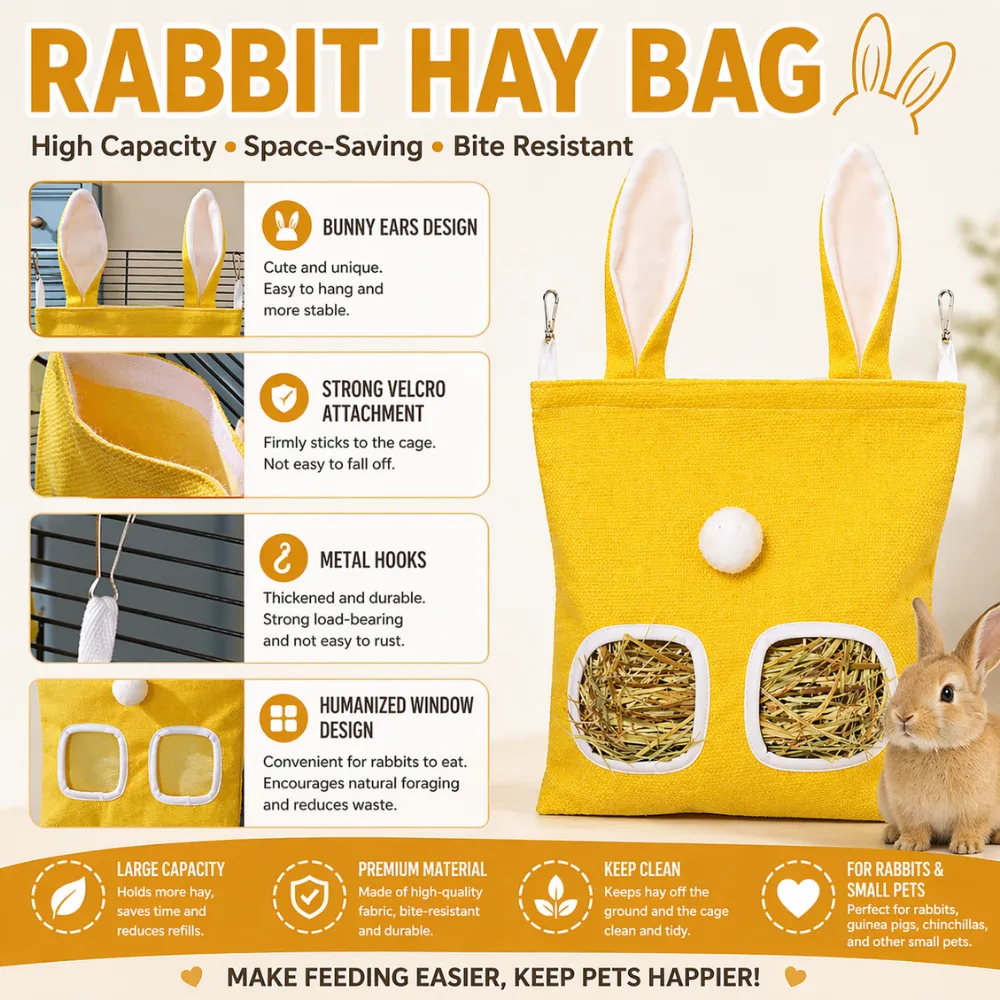 Infographic highlighting features of the hay bag: bunny ears design, strong velcro attachment, metal hooks, and humanized window design.
