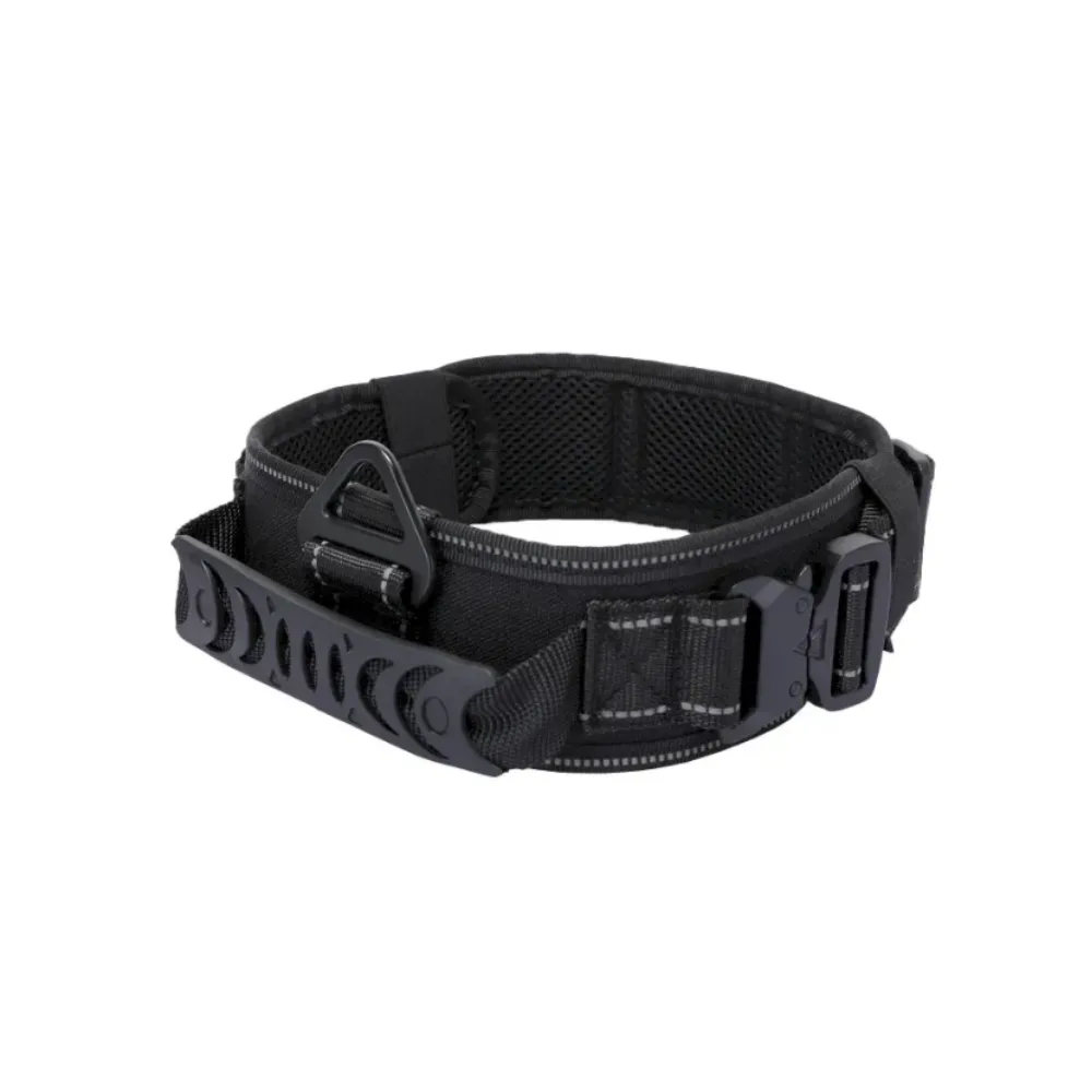 Black tactical dog collar with reflective stitching for enhanced visibility during nighttime walks.