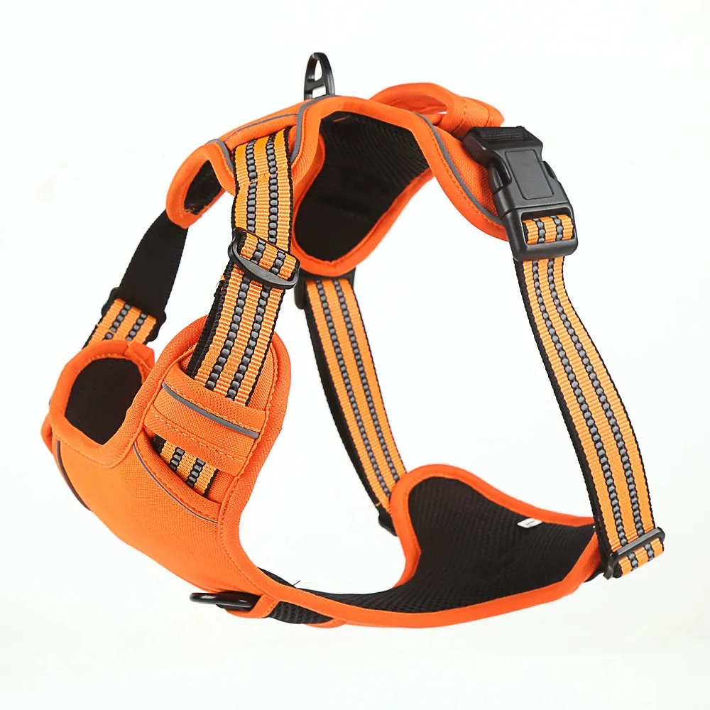Close-up of an orange dog harness showing the airy mesh lining and adjustable strap system.