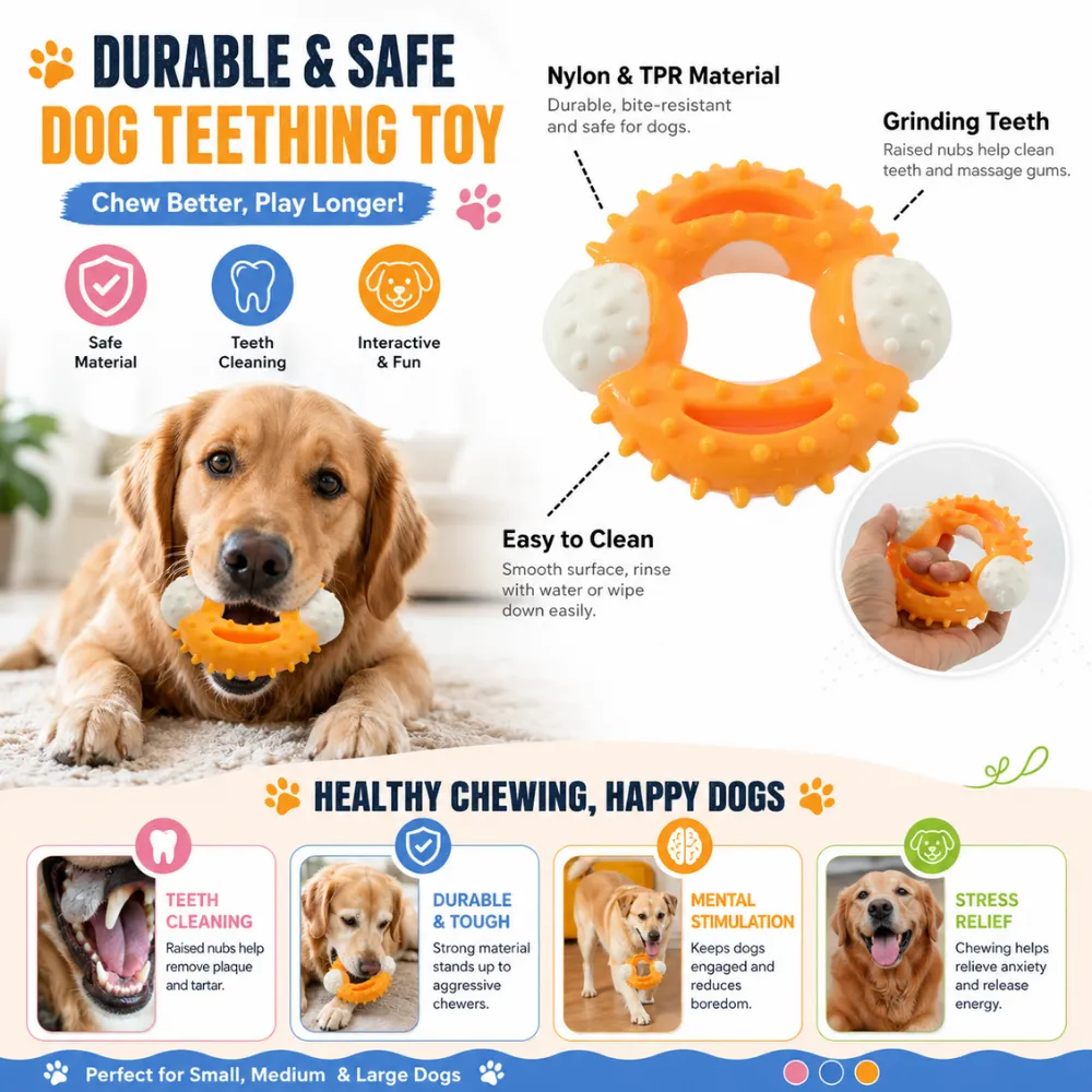Infographic of a spikey dog teething ring made of Nylon and TPR material highlighting teeth cleaning, mental stimulation, and durability benefits.
