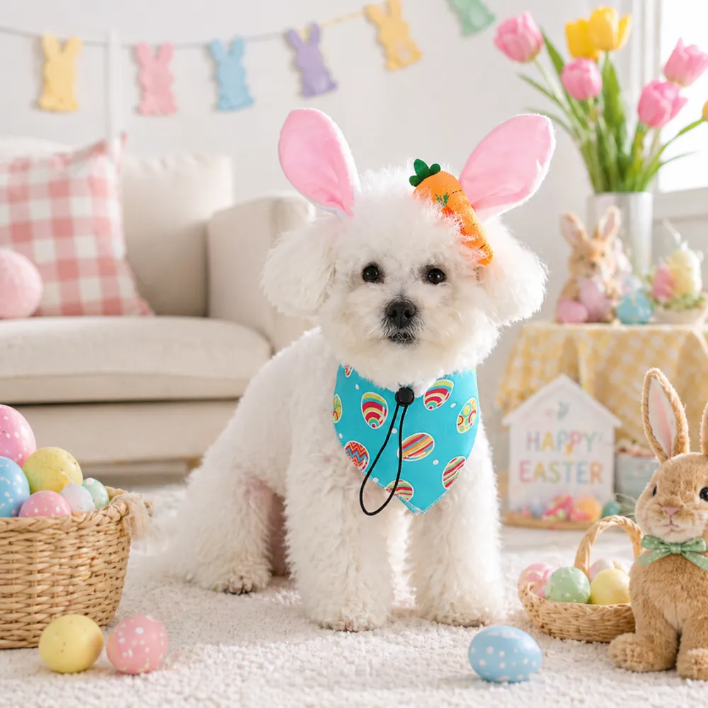 A white dog wearing a blue Easter egg bandana and bunny ears with a carrot attachment, sitting in a festive Easter-themed room.
