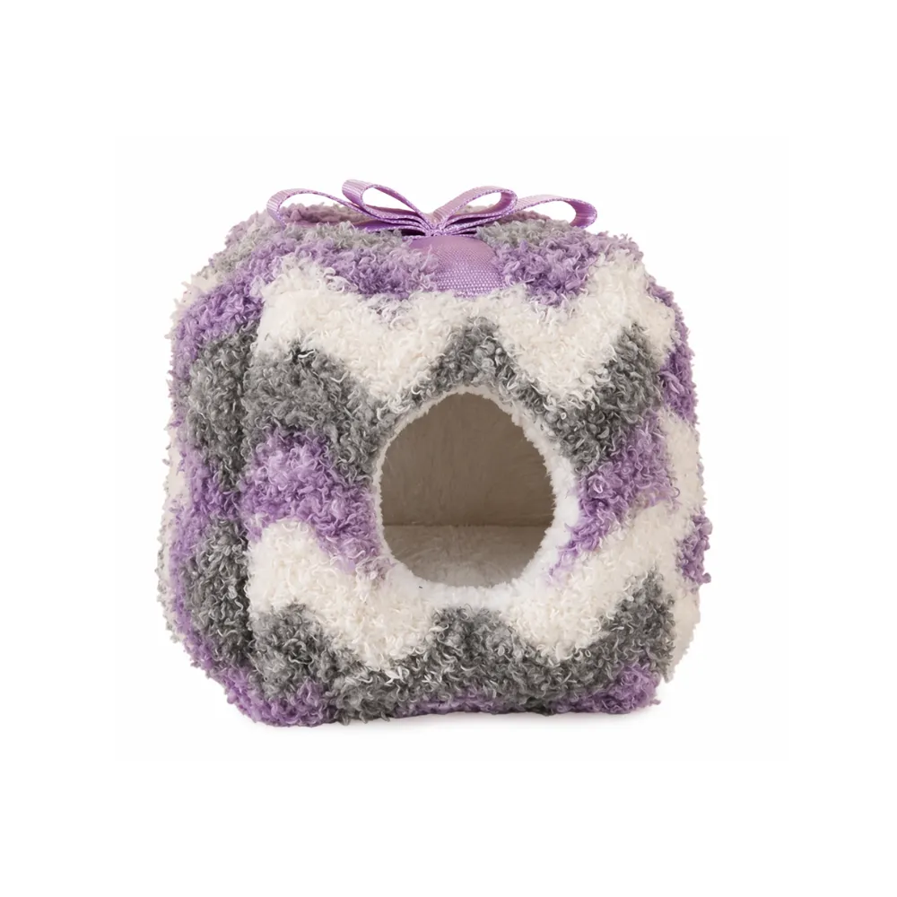 Front view of a purple and grey chevron pattern plush hamster house with a purple ribbon.