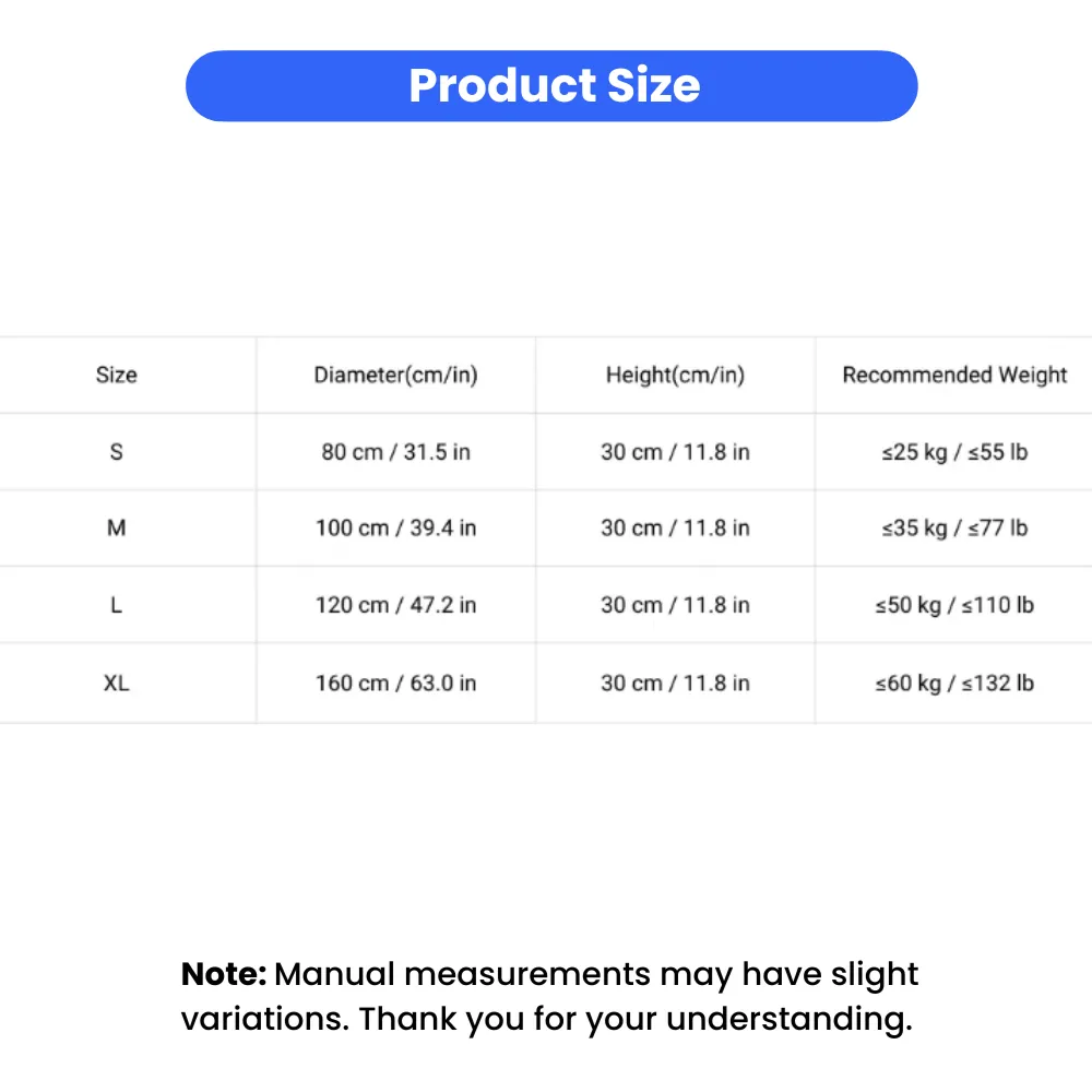Detailed size chart for pet bath pools from Small to XL, listing diameter, height, and recommended pet weight.