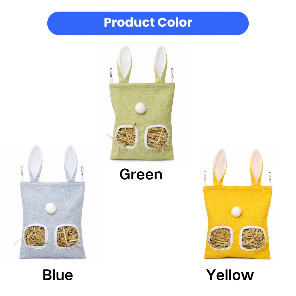 Three rabbit hay feeder bags displayed in blue, green, and yellow colors, each featuring cute bunny ears and a pom-pom tail.