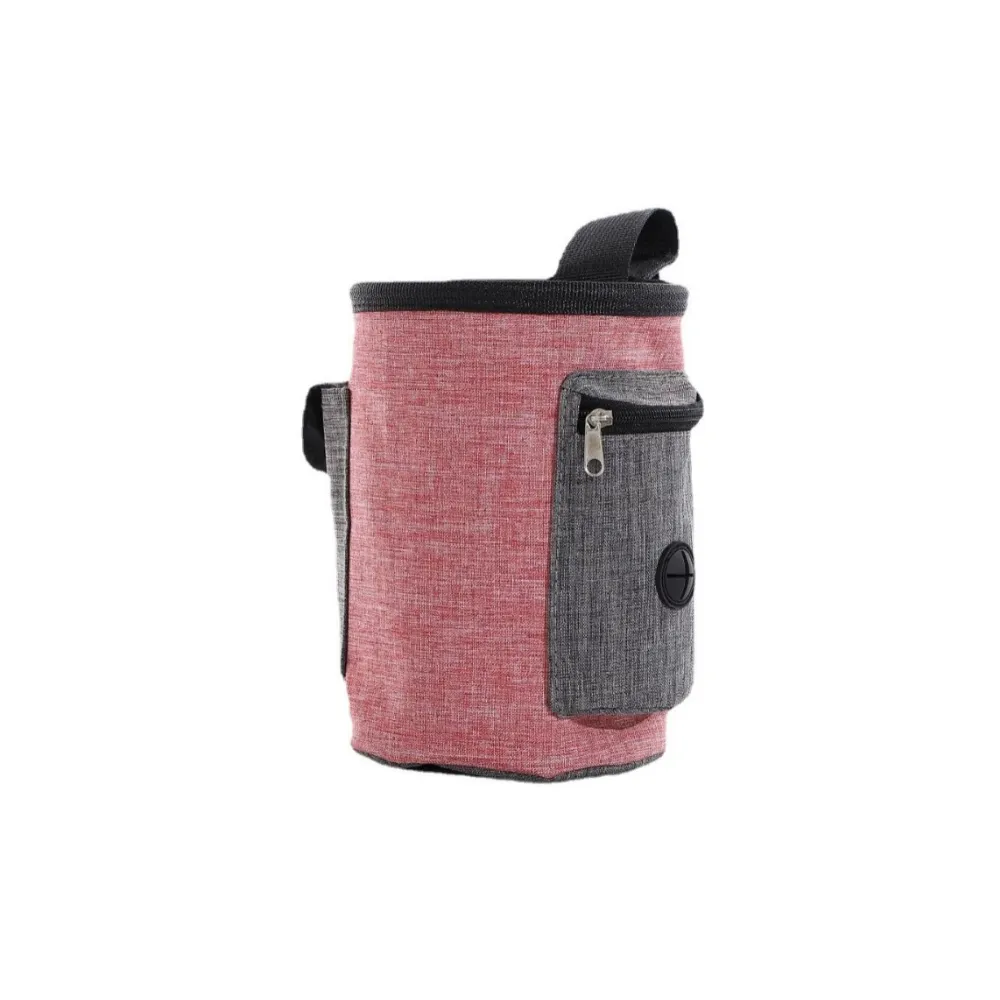High-quality red and gray pet training bag with reinforced stitching and drawstring closure.