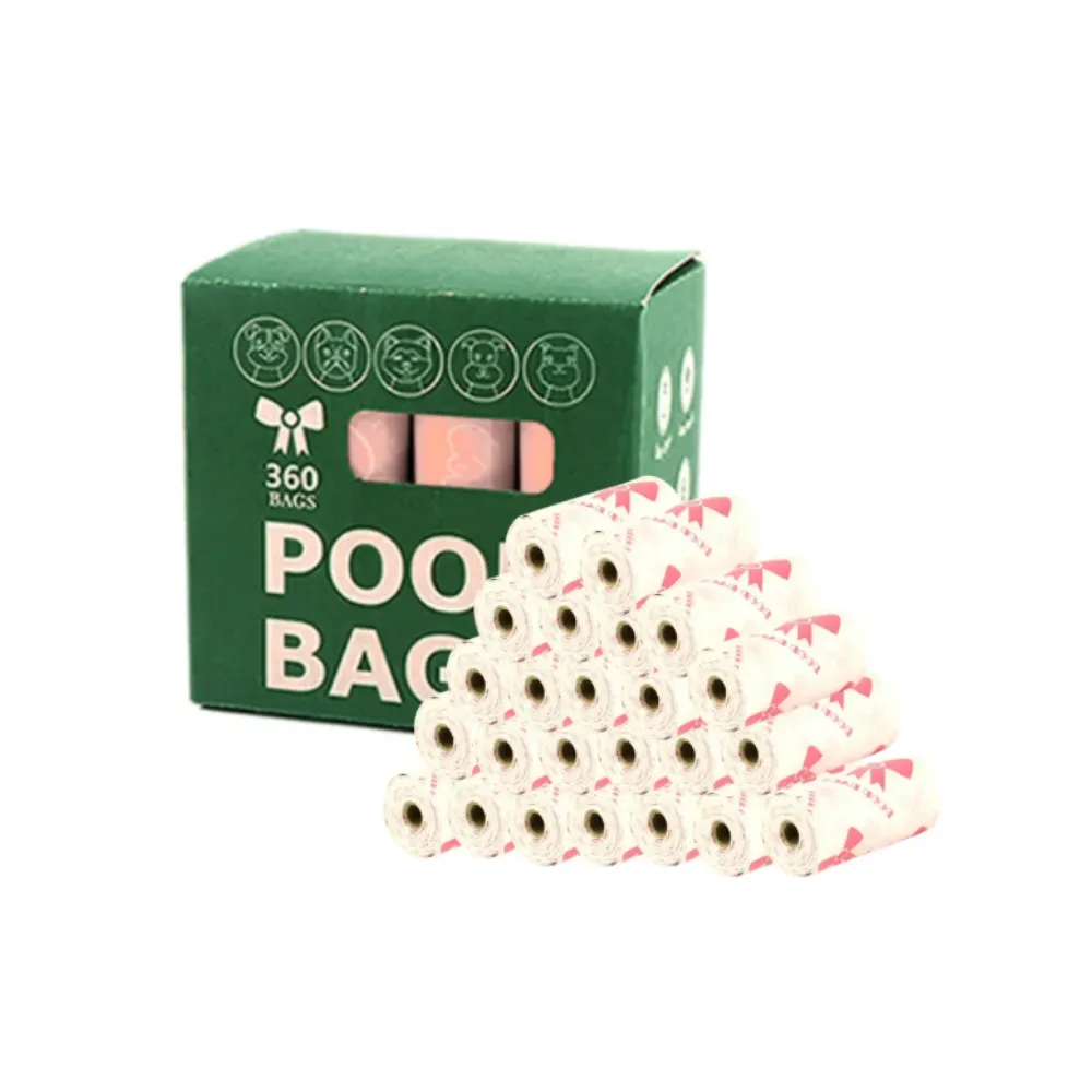 Pyramid of beige pet waste bag rolls with pink bowknot patterns next to a green display box.