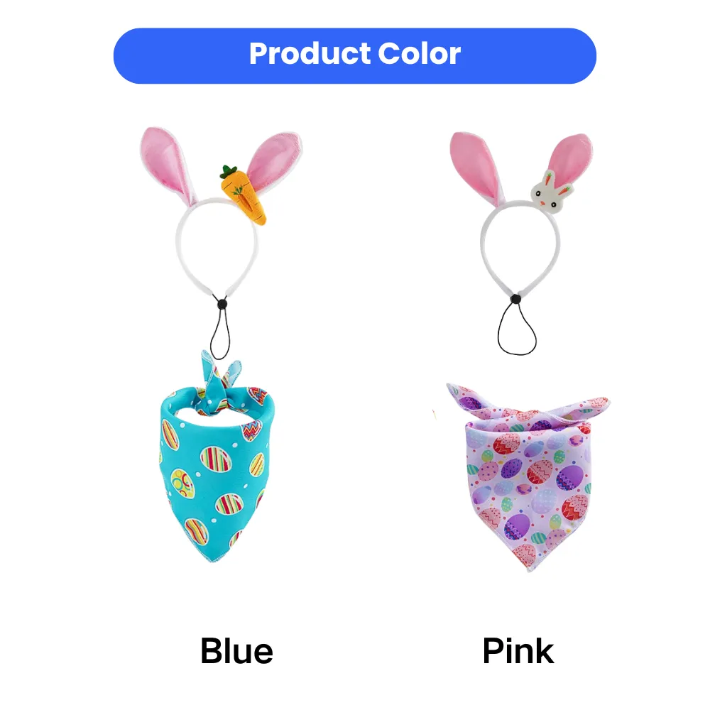 Product showcase of two Easter dog sets: one in blue with a carrot charm and one in pink with a bunny charm.